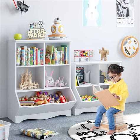 Furniture Bookcase Toy Storage Organizer White Wooden Display Rack Cabinet With Shelves And