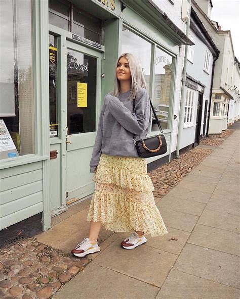 Check spelling or type a new query. Floral midi skirt tiered yellow with grey sweater #ootd # ...