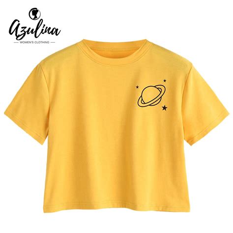 Azulina Planet Print Cropped Tee Crop Top Summer T Shirt Women 2018