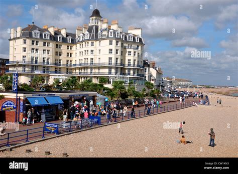 Eastbourne Beach Seafront And Queens Hotel East Sussex England Uk