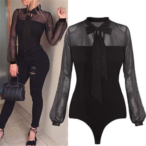 Sexy Women Bowtie Long Sleeve Lace Up Mesh Patchwork Bodysuit Bow