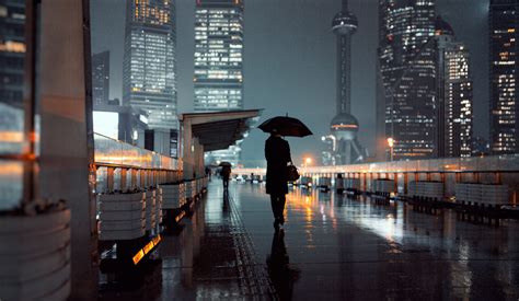 Wallpaper Street Cityscape Night Reflection Rain Umbrella
