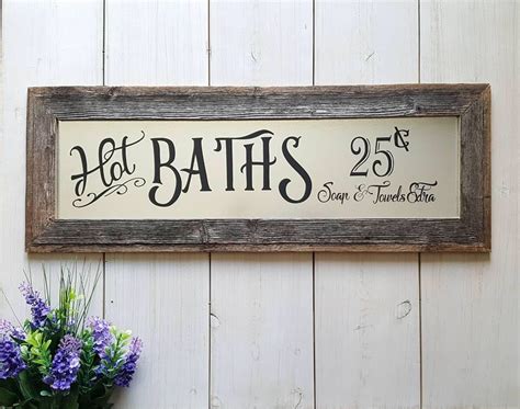 Stop by your nearest at home store for our latest collection of rustic farmhouse decor. Rustic Hot Baths, Barnwood, Farmhouse Sign, Bathroom Wall Decor, Bathroom Sign, Galvanized Metal ...