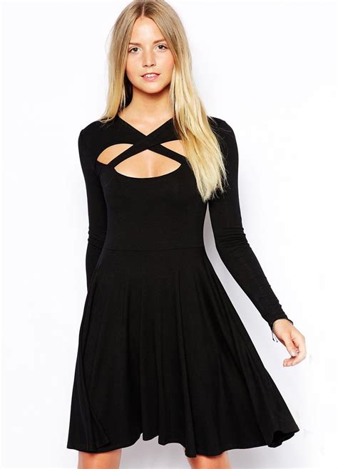 Black Long Sleeve Cross Front Skater Dress 1299 Dresses Dressy