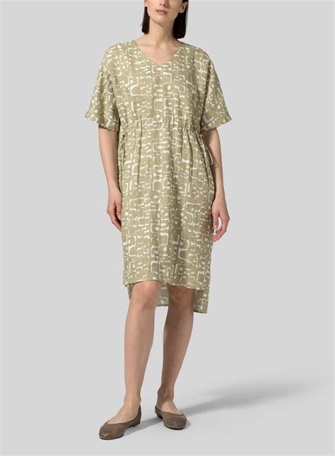 Linen Printed Pattern V Neck Dress