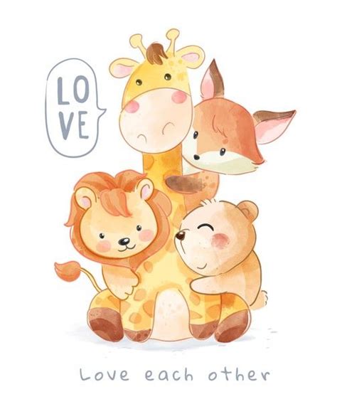 Lovely Animals Hugging Each Other Cartoon Illustration Cute Animal