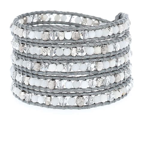 White Mix Crystal Wrap Bracelet On Grey Leather Leather Bracelet
