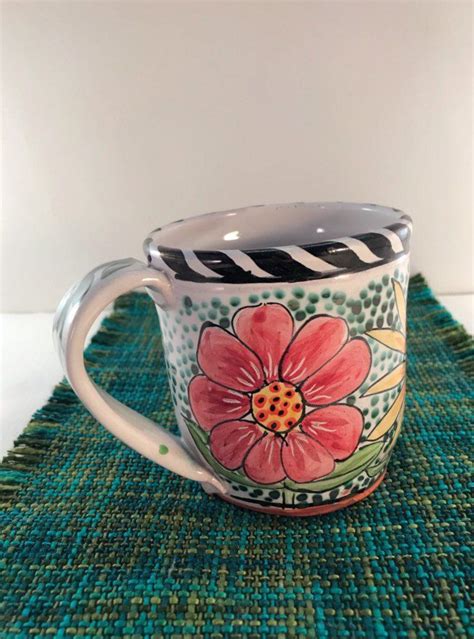 Majolica Floral Mugs Hand Painted Ounces Red Yellow Etsy