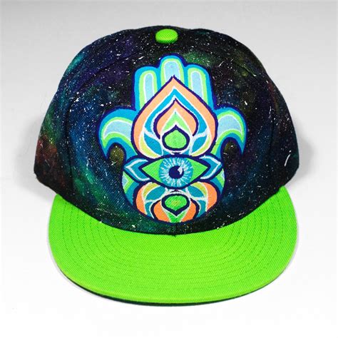 Hamsa Galaxy Hand Painted Snapback Hat Neon Green Trippy