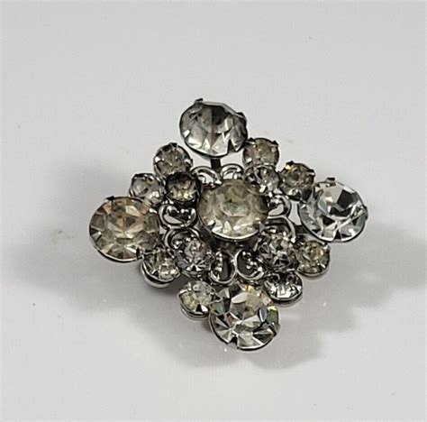 Vintage Brooch Pin Pronged Rhinestones Square Diamond Shape Silver Tone