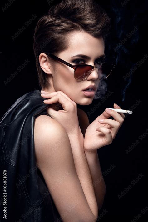Fashion Model Smoking Cigarette Wearing Sunglasses Sexy Woman Portrait