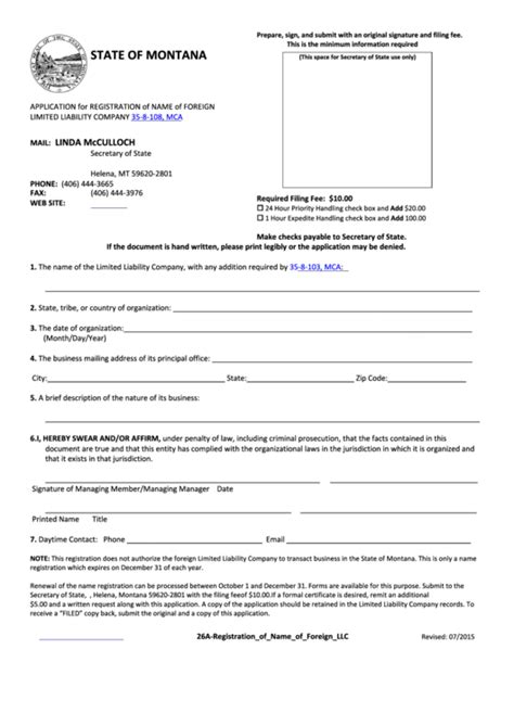 Fillable Form 26a Application For Registration Of Name Of Foreign