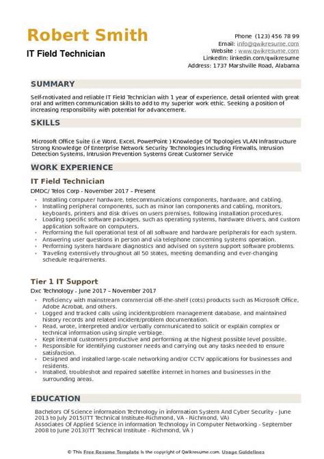 Bang on with an attractive career summary: IT Field Technician Resume Samples | QwikResume