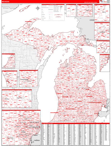 Michigan Zip Code Wall Map Red Line Style By Marketmaps Mapsales