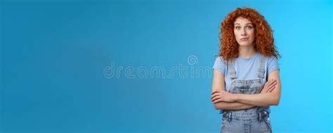 Unsure Confused Redhead Curly Woman Look Perplexed Uncertain Cross Arms