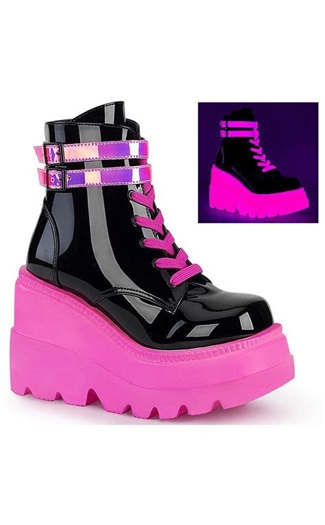 Shaker 52 Black Patent And Uv Pink Platform Ankle Boots Pink Ankle