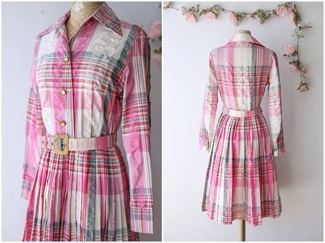 1960 s pink madras dress long sleeved plaid shirt dress etsy