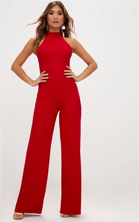 Red Crepe High Neck Jumpsuit Jumpsuits Prettylittlething