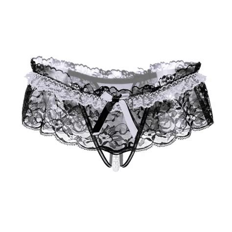 Women Hot Sexy Perspective Lace Panty Open Crotch Thong G Strings With Pearls Massaging Beads