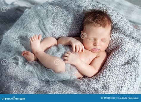 Sleeping Newborn Baby Boy Swaddled In A Nest Stock Photo Image Of