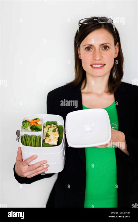 Business Woman With Lunch Box Stock Photo Alamy