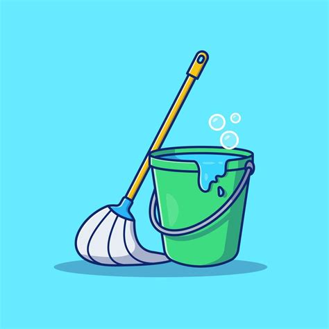 Mop And Bucket Vector Icon Illustration Cleaning Tool Icon Concept