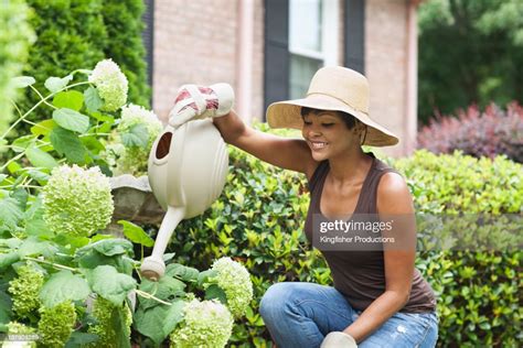African American Woman Watering Plants High Res Stock Photo Getty Images