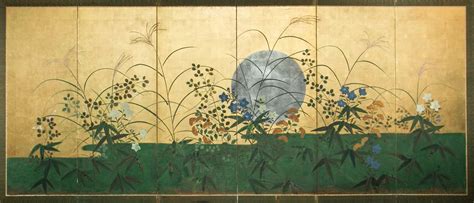 Rimpa School Japanese Folding Screen Silver Moon Over Autumn Grasses