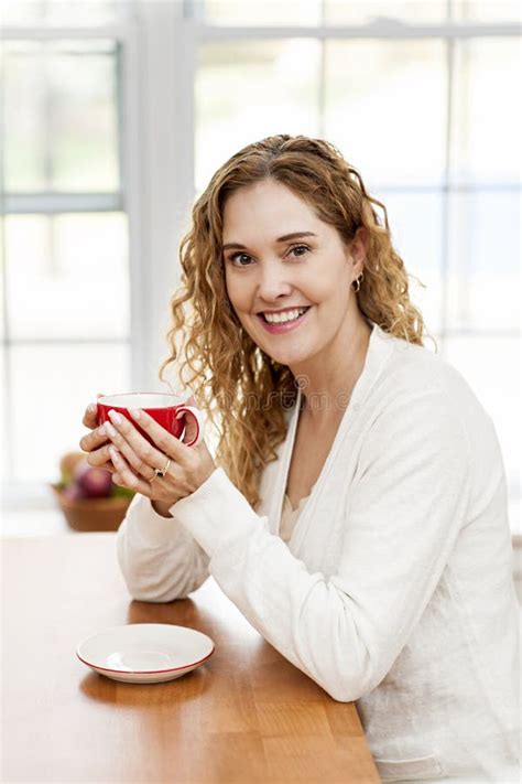 Smiling Woman Holding Red Coffee Cup Stock Image Image Of Pretty