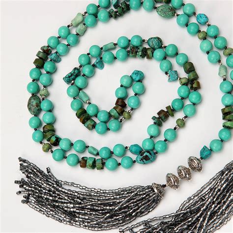 Tassels And Turquoise Silver Lariat With Czech Glass Gunmetal Etsy