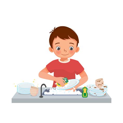 Happy Cute Little Boy Washing Dishes Standing At Sink In The Kitchen