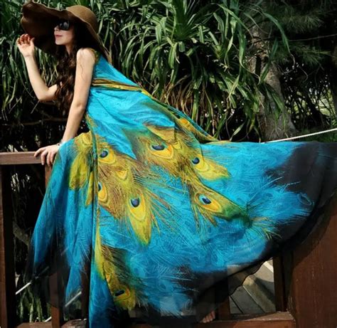Boho Women Clothing Chiffon Maxi Dress Sleeveless Peacock Feather Print