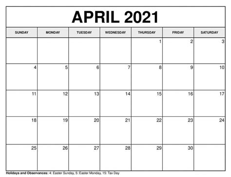 15 Best Free Printable April 2021 Calendar Template Printable Blank