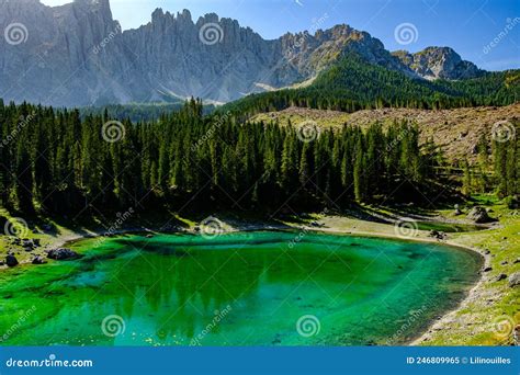 Lake Carezza Karersee South Tyrol Dolomites Italy Stock Image