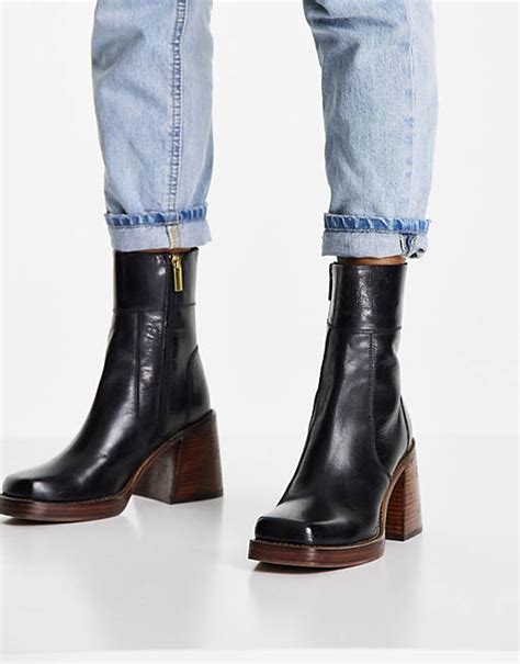 asos design region leather mid heel boots in black asos