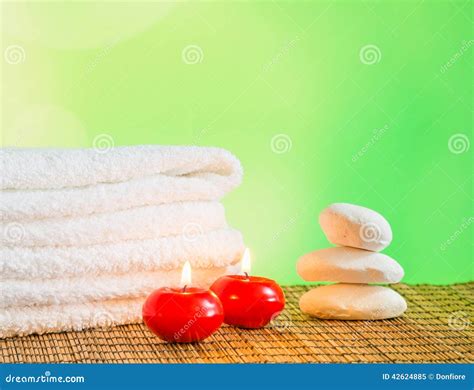 Spa Massage Border Background With Towel Stacked Red Candles And Stone Stock Image Image Of