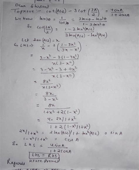 Prove Using Submultiple Angles Ii CotA2 3cot3A2 4sinA1 2cosA Maths