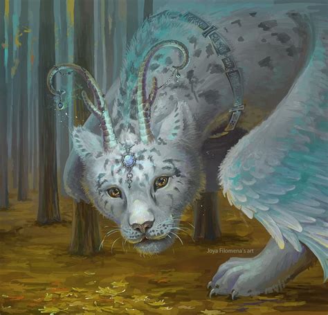 Horned Snow Leopard With Aqua Wings Magical Fantasy Creatures Art