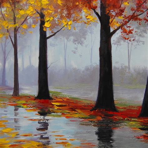 Original Painting Wonderful Rain In The Park Autumn Season