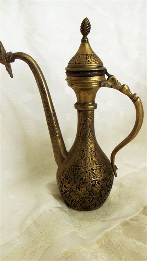 Antique Engraved Brass Turkish Coffee Pot Persian Islamic Moroccan