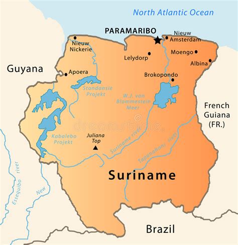 Suriname is bordered by the atlantic ocean, french guiana to the east, guyana to the west, and brazil to the south. Suriname map stock vector. Illustration of earth, french - 8997361