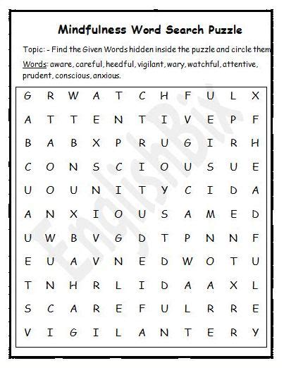 Mindfulness Practice Words Search Mini Workbook Englishbix