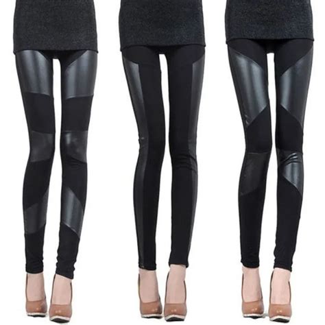 black faux leather patchwork leggings new fashion womens high quality trousers pants sexy