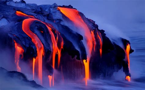 Nature Landscape Volcano Lava Smoke Water Sea Long Exposure