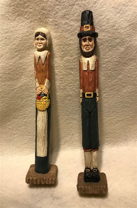 Thanksgiving Pilgrim Couple Carved Wooden Folk Art From Our Collection