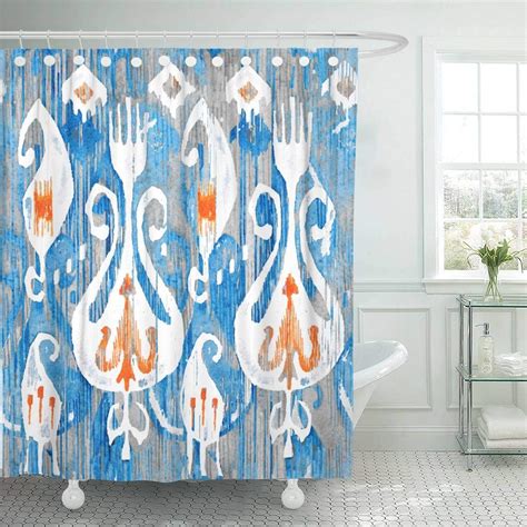Shower Curtain With Hooks Blue Artistic Watercolor Ikat