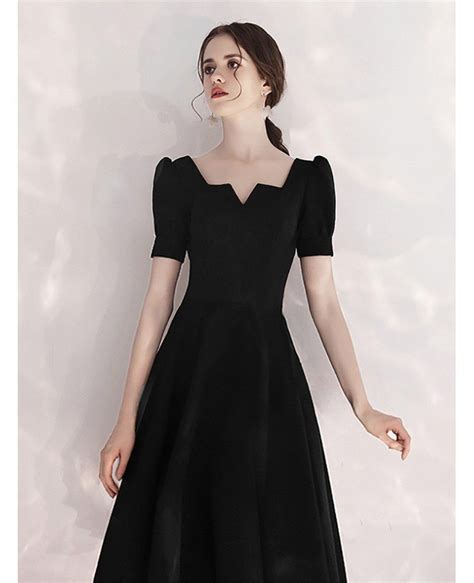 Tea Length A Line Black Formal Dress With Retro Neck Htx88008