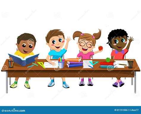 Happy Kids Children Sitting Desk Classroom School Cartoon Vector