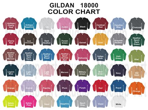 Gildan 18000 Color Chart Unisex Sweatshirt Color Chart All Etsy
