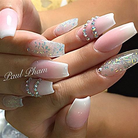 Coffin Pink And White Ombre Nails With Rhinestones Use A Sponge To